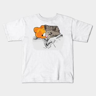 Sad Kitten Cat Crying bed with Teddy Meme Kids T-Shirt